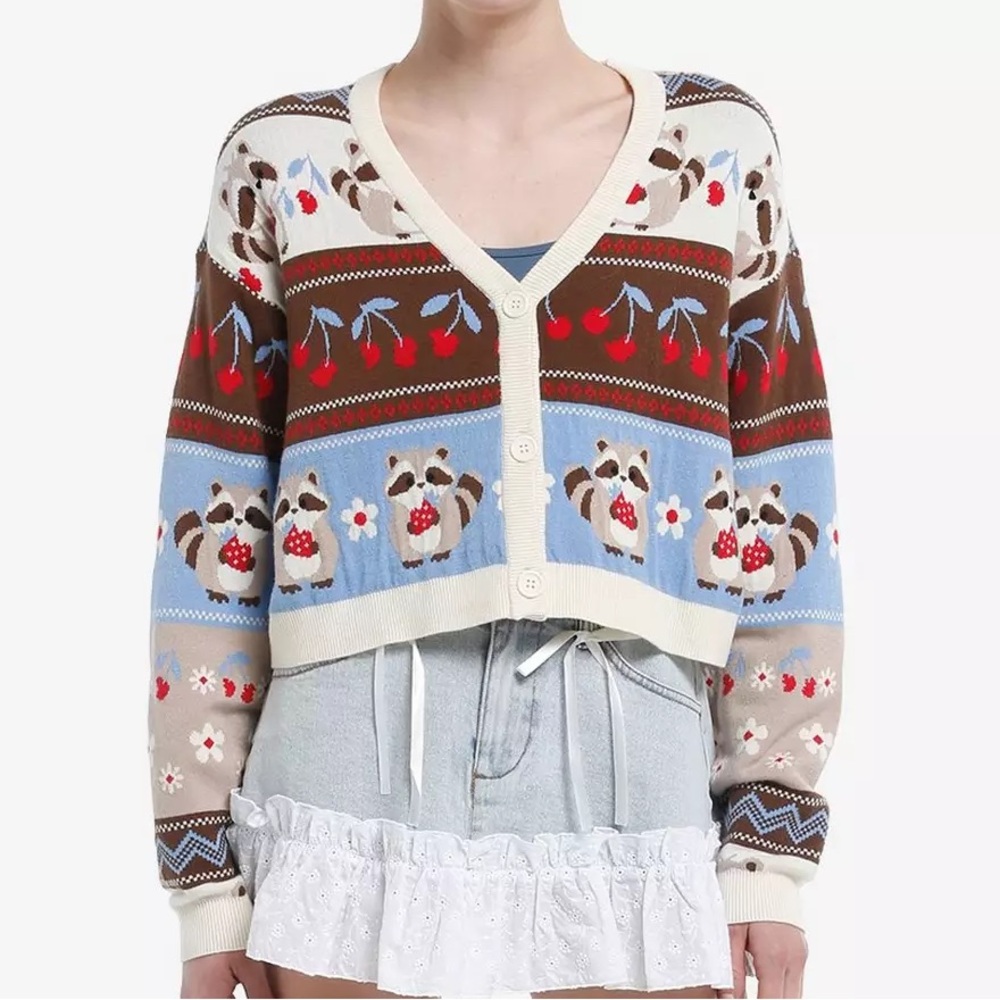 Thorn & Fable Raccoons & Cherries Cardigan Hot Topic